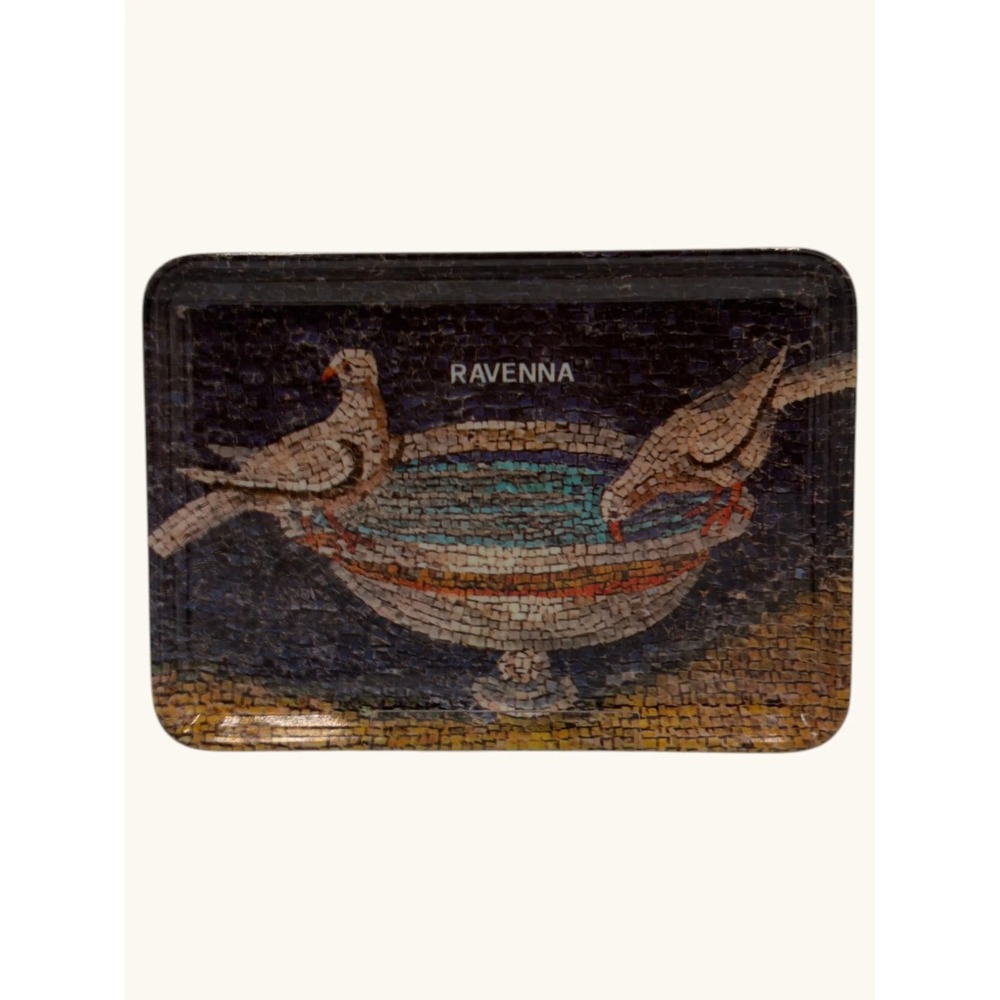Vintage Ravenna Italy Souvenir Tin Tray Mosaic Doves of Pliny Decorative Metal